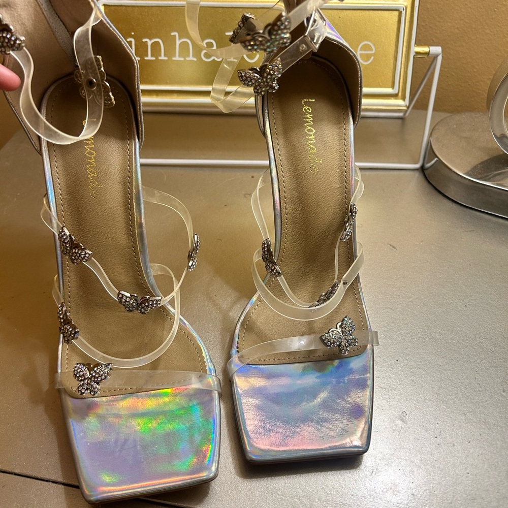 Lemon Silver Stiletto Heels with Transparent Straps